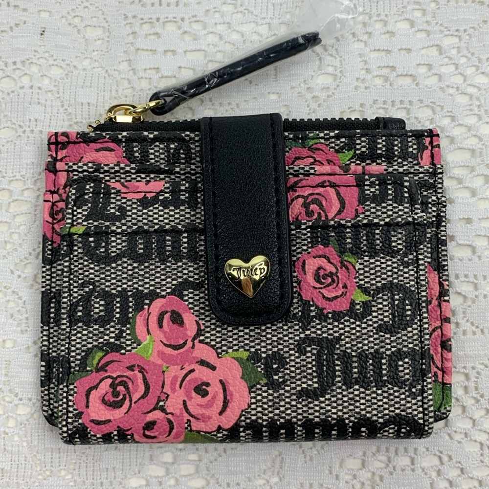 Juicy Couture Mini wallet coin purse Black Pink Floral Gold Zipper Pockets